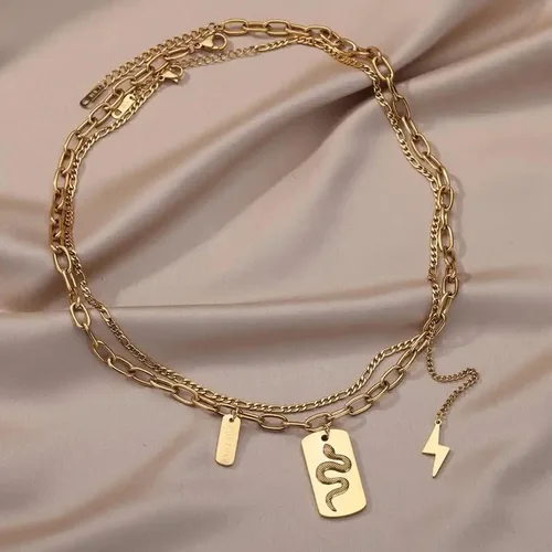 Vista 4 de Velvet Collection Collar chapado en oro de 18 quilates de serpiente multicapa de acero inoxidable, Oro