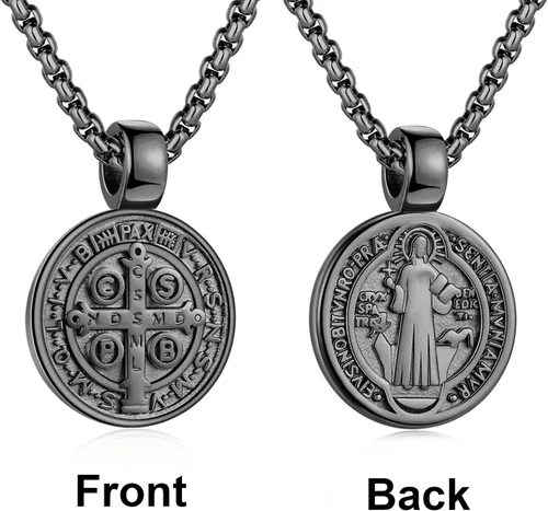 Vista 2 de FSYAEGZA Collar con colgante de medalla de exorcismo de San Benito para hombre, de acero inoxidable, colgante de cruz religiosa católica, colgante