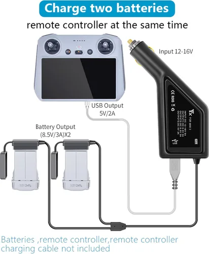 Vista 4 de Hanatora Cargador de batería para coche para DJI Mini 5 4 3 Pro, Mini 3 Drone, 3 en 1 (USB + 2 x Batería) Accesorios de concentrador de carga rápida