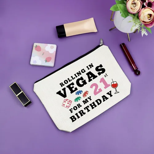 Vista 7 de Sazuwu Bolsa de maquillaje para regalos de cumpleaños número 21 para mujer, Rolling in Vegas para mi cumpleaños número 21