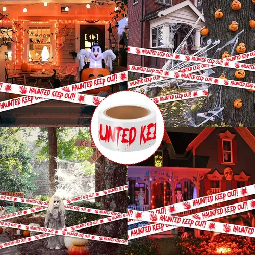 Vista 4 de Cinta de precaución para decoración de Halloween, HAUNTED KEEP OUT rollo de precaución sangriento blanco de escena del crimen de 2 pulgadas x 82