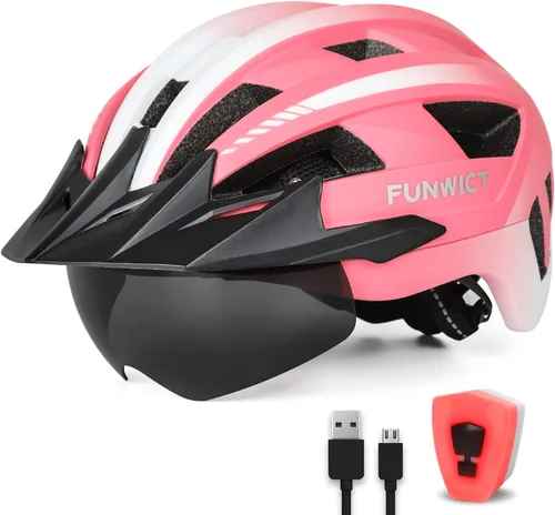 Vista 17 de Casco de bicicleta para adultos con visera y gafas para hombres y mujeres, casco de bicicleta de montaña y carretera, casco de ciclismo con luz
