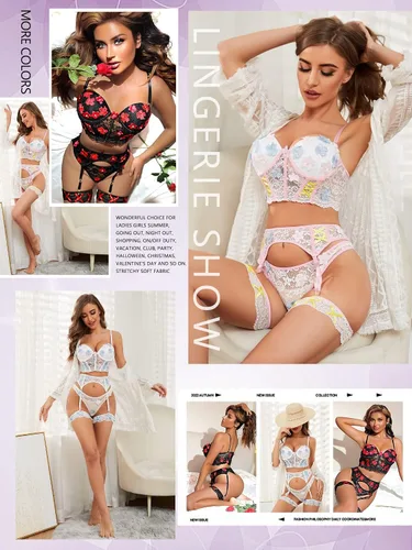 Vista 4 de popiv Conjunto de lencería floral para mujer, brasier y calzón con liguero de encaje, Blanco
