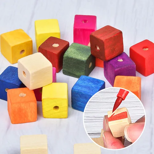 Vista 4 de Supkiir Cubos de madera para manualidades, 100 bloques de madera con agujeros, cubos de madera sin terminar para proyectos de bricolaje, alfabeto