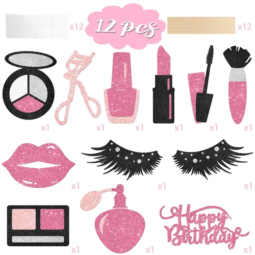 Vista 3 de 12 piezas de centro de mesa de maquillaje con purpurina, para spa, maquillaje, decoraciones de fiesta de cumpleaños para mesa, cosméticos, lápiz