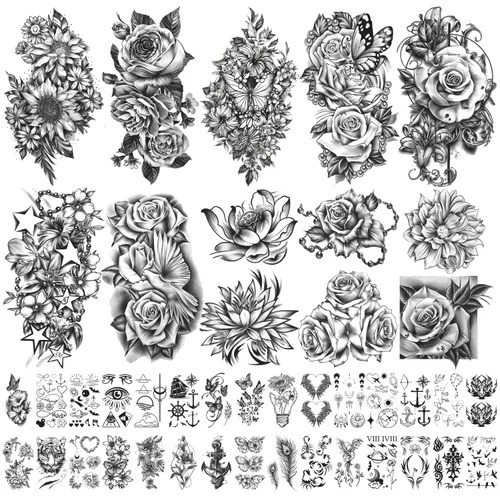 Vista 9 de Yazhiji 49 hojas de flores grandes Butterfies corona, tatuajes temporales impermeables para mujeres y niñas, tatuajes falsos para niños o adultos