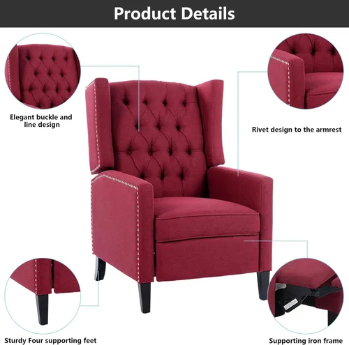 Vista 3 de Silla reclinable manual moderna, sillón informal con patas de madera maciza con decoración de remaches, sofá individual para dormitorio, sala