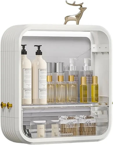 Vista 10 de JATIBOSH Organizador de cosméticos montado en la pared, estante de tocador para el hogar, sin perforación, productos para el cuidado de la piel