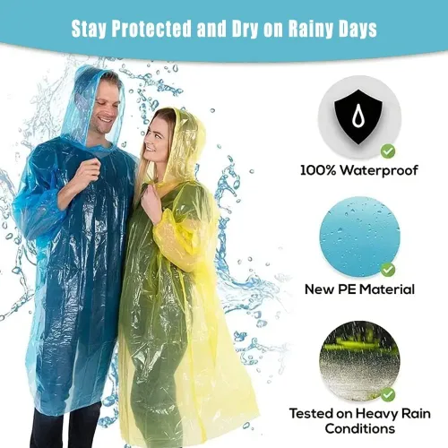 Vista 7 de Paquete de 12 ponchos de lluvia transparentes con capucha para adultos, familia, 3 colores, impermeables de emergencia de 51.1 pulgadas