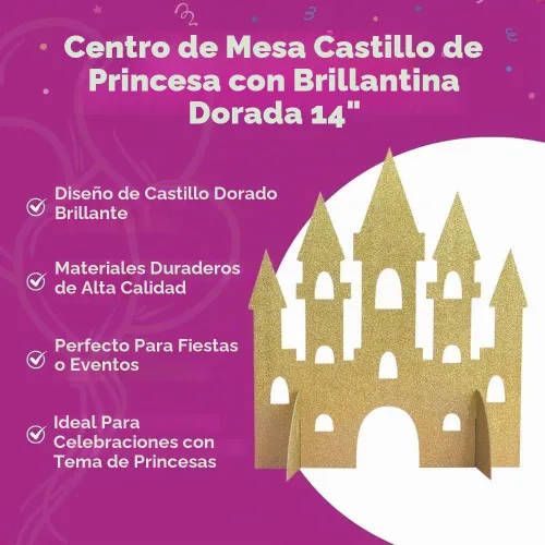 Vista 4 de Centro de mesa de castillo de princesa con purpurina dorada (13.8 in), 1 pieza, perfecto para decoraciones encantadoras