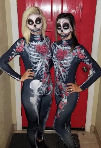 Vista 6 de Disfraz de calavera con estampado de calaveras de Halloween, color rosa
