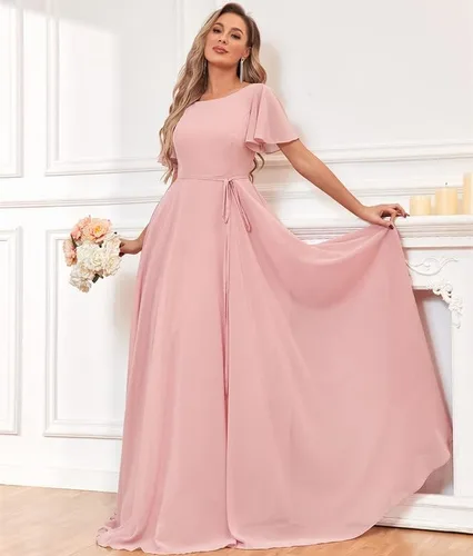 Vista 7 de Vestidos de dama de honor de manga corta para mujer, vestido formal de fiesta de noche