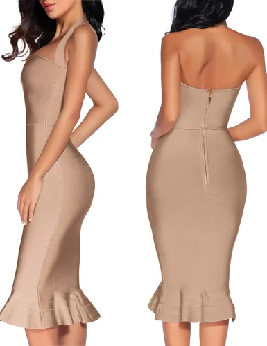 Vista 5 de houstil Vestido ajustado estilo halter con cuello en V y reborde para mujer para fiesta