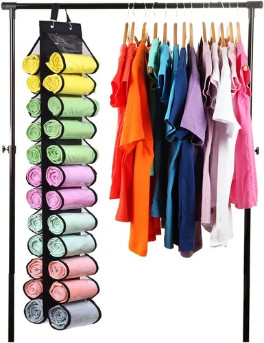 Vista 5 de Bolsa de almacenamiento para leggings con colgador, puede contener 24 leggings o camisas, compartimento para jeans, colgador de almacenamiento