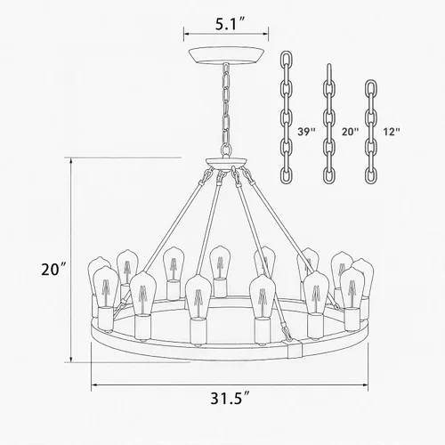 Vista 3 de Candelabro de Rueda de Vagón de Madera de 15 Luces, Candelabro de Granja Rústico Vintage con Bombillas E26, 32" Candelabro Industrial