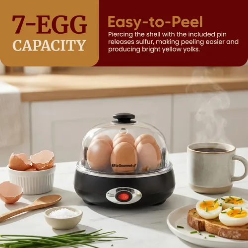 Vista 2 de Elite Gourmet EGC007CHC# Cocedor Rápido de Huevos, 7 Huevos Hervidos Fáciles de Pelar, Duros, Medianos, Suaves, Escalfador, Máquina para Tortillas
