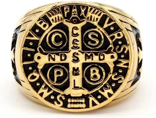 Vista 3 de Anillo de cruz católico de San Benito para hombre, medalla de exorcismo de acero inoxidable