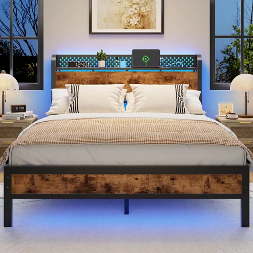 Vista 10 de Furnulem Base de cama tamaño individual con luces LED y estación de carga, base de cama con cabecera de almacenamiento de madera, cama de plataforma