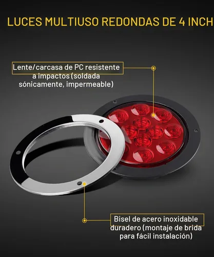 Vista 3 de Partsam 10 luces traseras LED redondas rojas de 3.9 in, 12 LED, montaje en brida de acero inoxidable, bisel cromado, resistente al agua, luces
