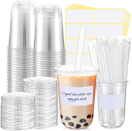Vista 9 de Ziliny 25 juegos de vasos de plástico transparente con tapas, pajitas y pegatinas, vasos desechables de PET engrosado para café helado, té