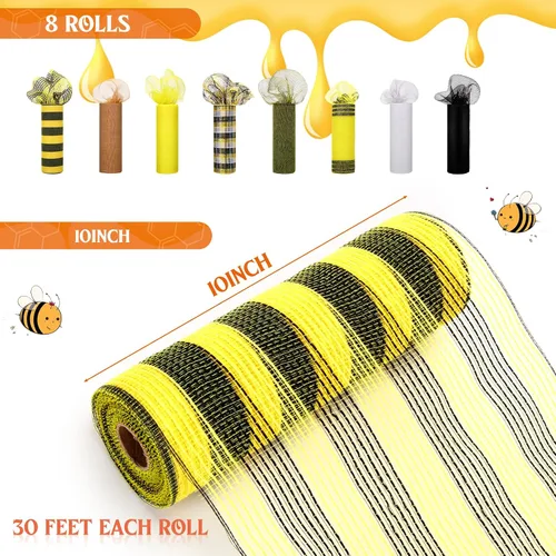 Vista 2 de Newwiee 8 rollos de cinta de malla para el Día de las Abejas de 10 pulgadas x 30 pies cada rollo, decoración para coronas y girasoles, cinta