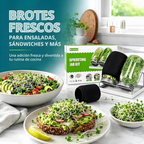 Vista 5 de Kit Premium de Frascos para Germinación 2 Piezas Frascos Mason Grandes de Boca Ancha Con Tapa de Malla para Brotes, Soporte para Frasco