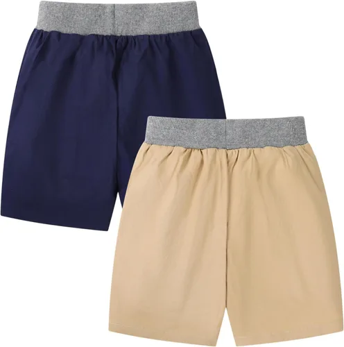 Vista 4 de HILEELANG Pantalones cortos chinos de verano para niños pequeños, de algodón, elásticos, con cordón, para uniforme escolar, 2 unidades 2401#bluekhaki
