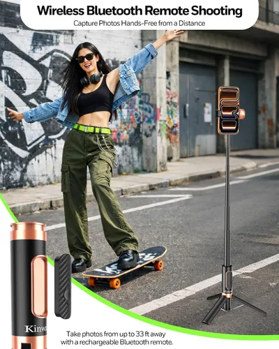 Vista 5 de Trípode selfie stick para iPhone y Android, soporte de trípode portátil para teléfono con control remoto Bluetooth, apertura de un clic, compacto