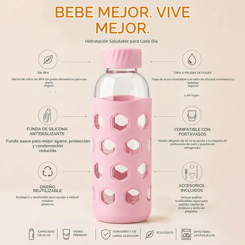Vista 3 de [Usado] Sursip 16 oz Glass Juice Bottles with Lids, 6 Pack Dark Gray / Pink / Apricot / Purple / Mint Green / Blue