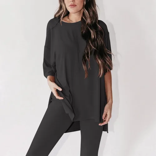 Vista 4 de Gumipy Women's 2 Piece Outfit All Weekend Long Pant Set Casual Fall Outfits 34 Sleeve Ribbed T-Shirt & Wide Leg Pants Tracksuit