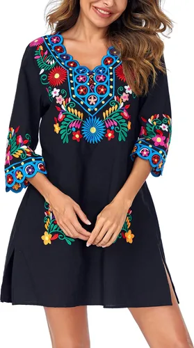 Vista 2 de YZXDORWJ Vestido floral mexicano bordado con cuello en V para mujer, vestido bohemio tradicional floral de manga larga