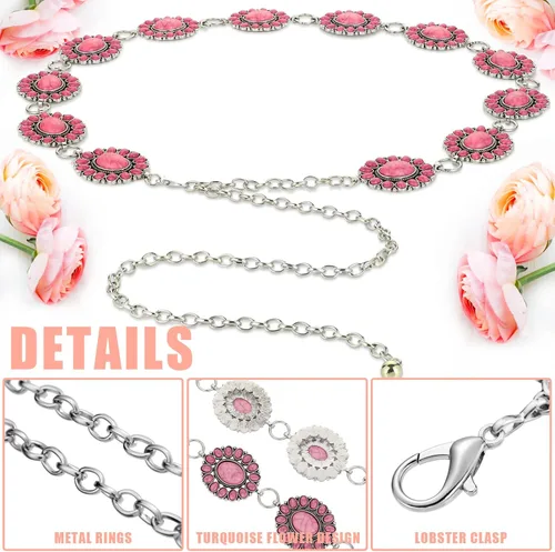 Vista 3 de Kenning Cinturón de cadena de concha turquesa de metal occidental para mujer, cinturón bohemio de 1.2 x 2 pulgadas, aretes de gota turquesa