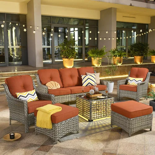 Vista 20 de ovios Muebles de patio al aire libre de 4 piezas con sofá de 3 asientos, juego de cubierta de mimbre de ratán con respaldo alto, sofá individual