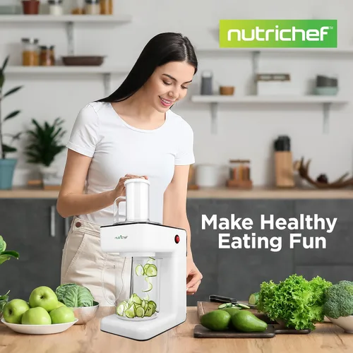 Vista 7 de NutriChef Picador eléctrico 3 en 1 de verduras, espiralizador y máquina de ensaladas, cortador de frutas, máquina trituradora en espiral, máquina