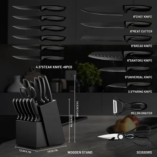 Vista 2 de Juego de cuchillos de 16 piezas para cocina con bloque, juego de cuchillos de cocina aptos para lavavajillas con afilador integrado, juego