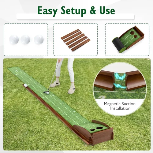 Vista 6 de Tangkula Alfombrilla de práctica de golf de 10 pies, 2/3 hoyos con retorno automático de bola para interiores y exteriores, guías de alineación y 3
