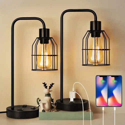 Vista 8 de BTY Juego de 2 lámparas de mesa USB Edison con puertos de carga USB duales y 2 clavijas de salida de CA, jaula de alambre de metal, lámpara de mesa