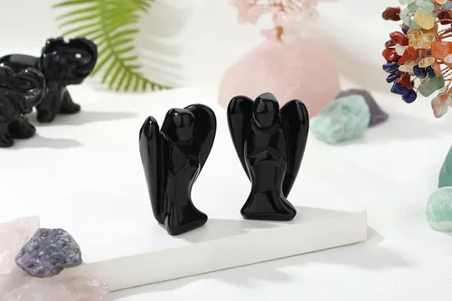 Vista 6 de YATOJUZI Estatua de ángel de obsidiana negra de 5 cm decorativa con cristales curativos de Reiki, piedra natural pulida tallada a mano, figuritas