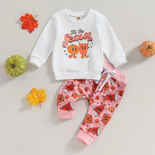 Vista 2 de Kayotuas Conjunto de camisa y pantalones de manga larga con cuello redondo para bebé, disfraz de calabaza, fantasma, calabaza, fantasma, camiseta