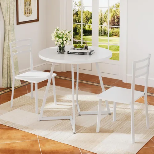 Vista 10 de VECELO Mesa de cocina redonda pequeña con 2 sillas tapizadas, juegos de comedor de madera de 3 piezas con marco de acero para rincón de desayuno