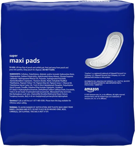 Vista 2 de Amazon Basics Maxi Pads para períodos: grueso, súper absorbente, sin perfume, 48 unidades, 1 paquete