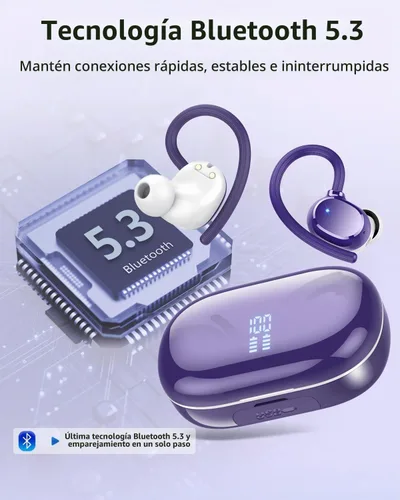 Vista 6 de hadbleng Auriculares inalámbricos Bluetooth deportivos 128 horas de reproducción Bluetooth 5.3 con pantalla LED, potentes graves sobre la oreja