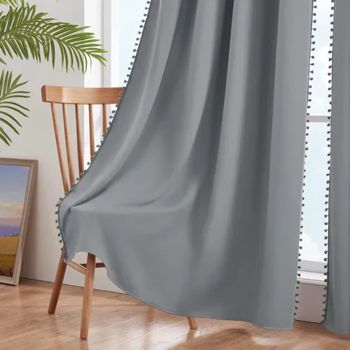 Vista 6 de HOMEIDEAS Cortinas opacas con pompones grises de 52 x 63 pulgadas de largo, con ojales, para oscurecer la habitación, 2 paneles para dormitorio