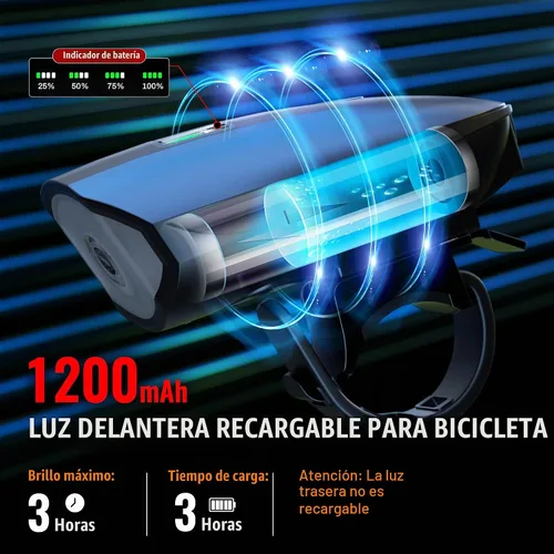 Vista 4 de Juego de luces de bicicleta con bocina 1400LM USB recargable faro de bicicleta y luz trasera y bocina impermeable 3 modos de iluminación se adapta a