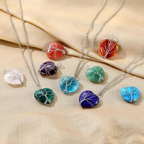 Vista 6 de Bestyle Collar de cristal curativo envuelto en árbol de la vida, colgante de piedra natal de 12 meses para mujeres, joyas de piedras preciosas