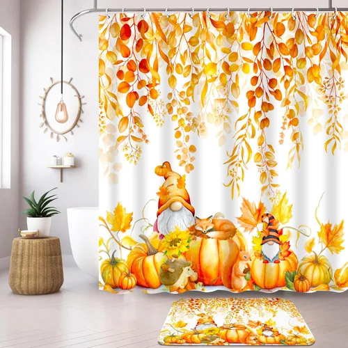 Vista 4 de Lutto Cortina de ducha de otoño para baño, juego de baño de otoño con cortina de ducha y alfombras, cortinas de ducha de calabaza de Acción