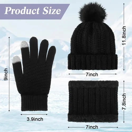 Vista 2 de Sureio Conjunto de 27 piezas de gorro de punto con pompón, bufanda cálida, guantes para pantalla táctil, gorro de punto para mujer