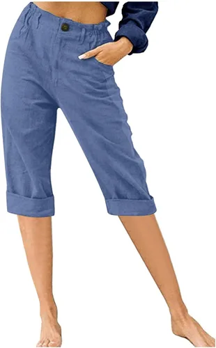 Vista 8 de Bermudas para mujer, hasta la rodilla, de algodón, lino, capri, pantalones capri de cintura alta con bolsillos, ropa de descanso Verde militar