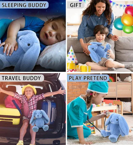 Vista 4 de DolliBu Peluche de conejo azul bebé, animal de peluche súper suave, adorable juguete realista de conejo para niños y niñas, bonito conejo de peluche
