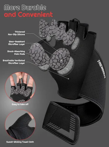 Vista 4 de TRENDOUX Guantes de entrenamiento para levantamiento de pesas: soporte ajustable para la muñeca con correas alargadas, protección completa